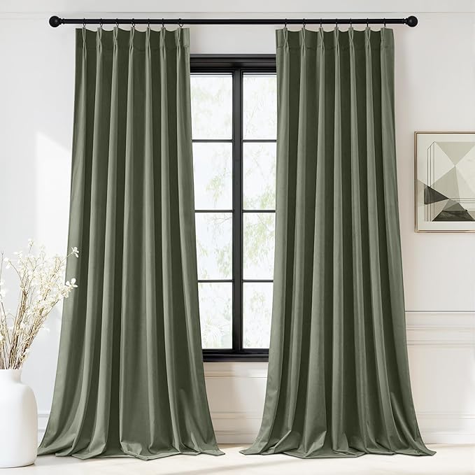 StangH Sage Green Curtains for Sliding Door, Pinch Pleat Velvet Window Drapes with Privacy Protect Thermal Insulated Room Divider for Living Dining Room, W40 x L84, 2 Panels