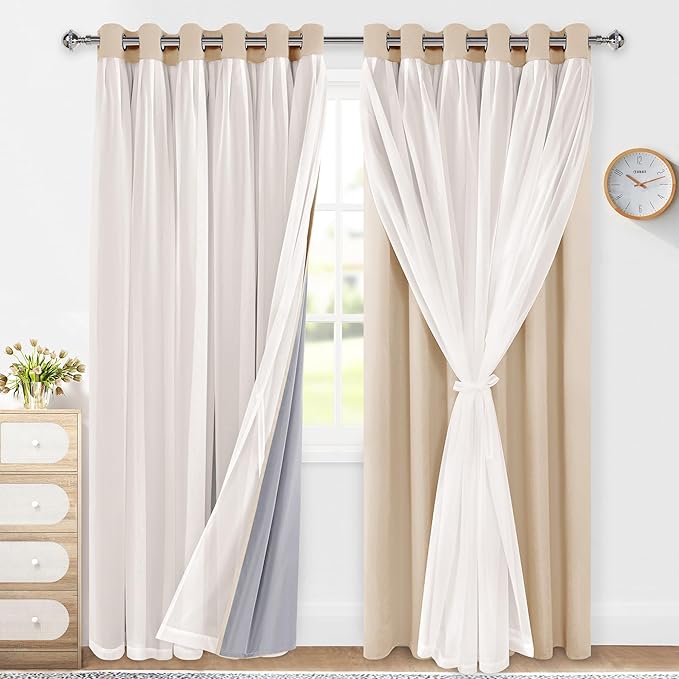 XWZO 100% Blackout Double Layer Curtains, Blackout Curtains with Sheer Overlay for Living Room, Grommet Thermal Insulated Privacy Curtains with Tiebacks, 2 Panels, 70x84, Biscotti Beige