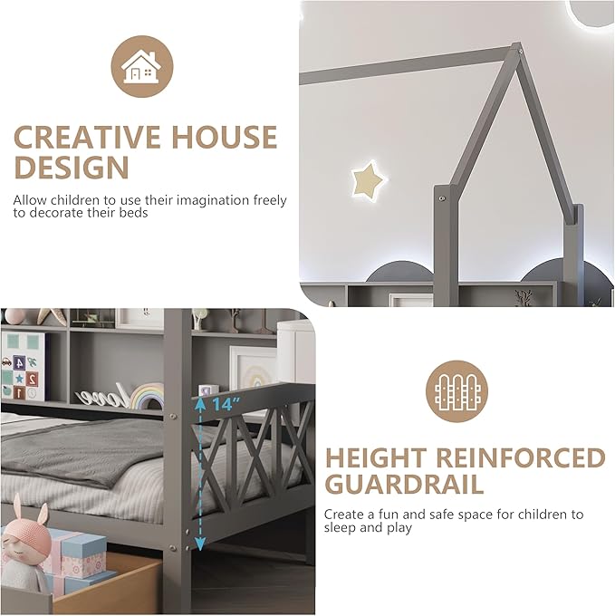 Twin House Bed with Roof and 2 Storage Drawers for Kids, Wooden Twin Size Bed Frame with Storage Shelves Guardrails and Wood Slats for Boys Girls, No Box Sping Required, Gray