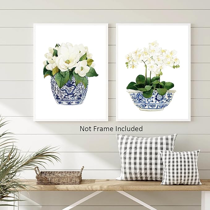 White Orchid & Magnolia Watercolor Art Canvas Blue And White Chinoiserie Wall Art Print Oriental Vase Blue White Willow Style Porcelain Flower Jar Picture Poster Decor Unframed (12x16Inch Unframed)