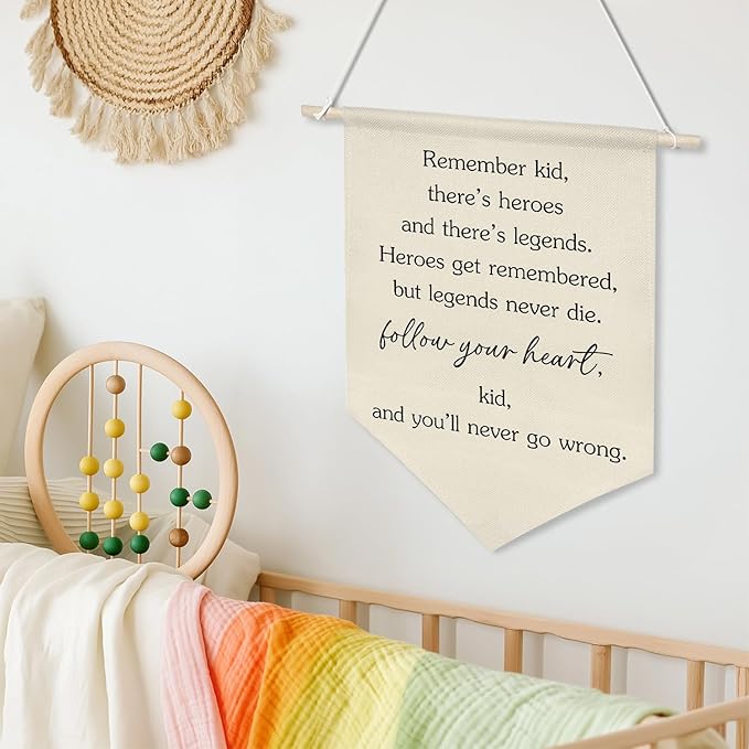 Follow Your Heart Inspirational Wall Banner,Heroes and Legends Quote Canvas Flag, Boys Room Motivational Wall Poster Decor, Gift for Kids Nursery Playroom or Graduation 11x16inch(KD27)