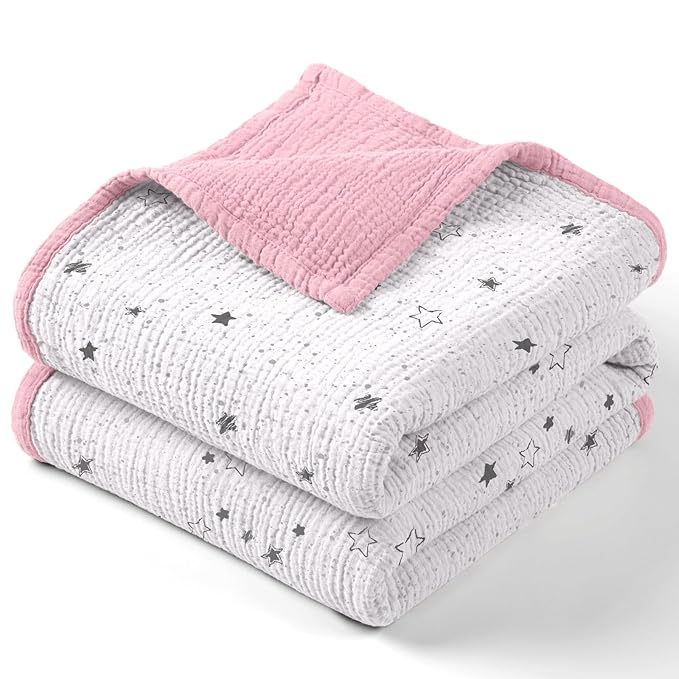 lulumoon Muslin Baby Blanket - Cotton Quilt Blankets for Toddlers - Reversible Nursery Crib Blanket for Baby Boys and Girls 47"x47"(Pink Star)