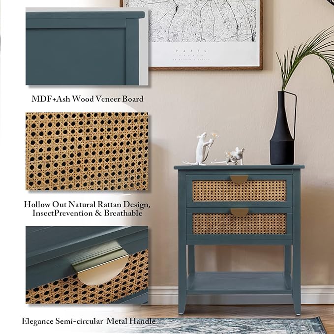 2 Drawers End Table for Living Room, Rattan Nightstand Bedside Table with Metal Handles for Living Room, Bedroom, Small Place(Green)