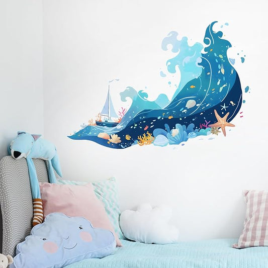 Sea Waves Wall Decals Removable Cartoon Vinyl Stickers for Bathroom Nursery and Kids Playroom Ocean Theme Decor Peel and Stick Wall Art with A Sailboat