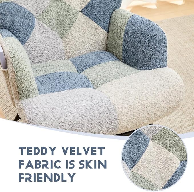 Nursery Rocking Chair Teddy Upholstered Glider Rocker with Footrest Accent Chair with High Backrest Armchair Comfy Side Pocket Chair for Living Room, Bedroom, Offices (Large Spliced Blue)