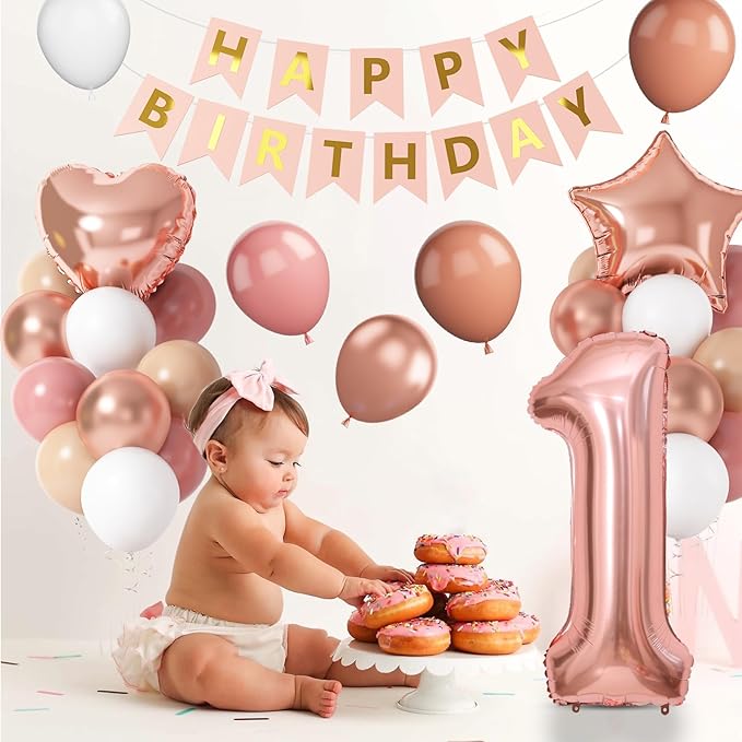 Boho 1st Birthday Decorations for Girls, Dusty Pink Rose Gold White Balloons with 40 Inch Number 1 Star Heart Foil Balloons Happy Birthday Banner for 1 Year Old Birthday Anniversary Baby Shower Decor
