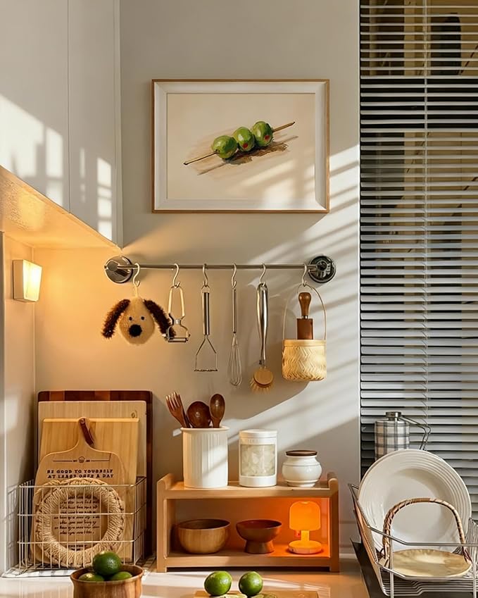 ARPEOTCY Vintage Framed Canvas Wall Art, 12x16 Inch Olive Skewer Still Life Painting, Rustic Kitchen Wall Decor, Minimalist Dining Room Artwork, Green Olive Oil Inspired Picture for Home & Living Room