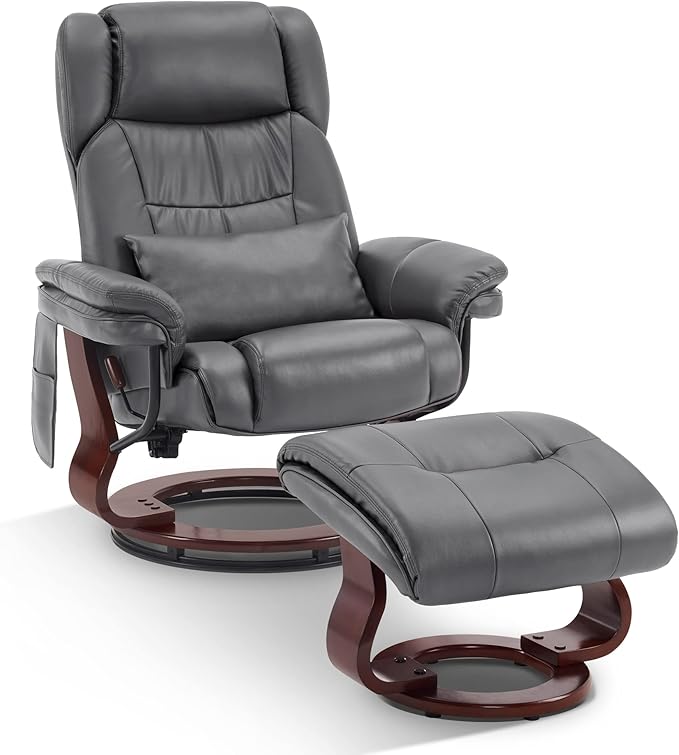 MCombo Swivel Recliner with Ottoman, Faux Leather TV Chair with Vibration Massage, Ideal for Small Space, Living Room & Bedroom 4734 (Grey)