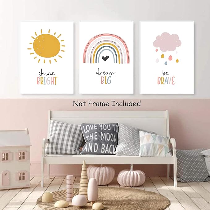 LUHDFYS Boho Rainbow Nursery Wall Art,Dream Big Canvas Print,Rainbow Sun Cloud Inspirational Poster,Unframed Kids Room Decor