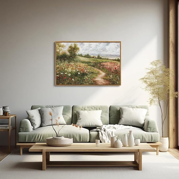 OIQArtOIQ Vintage Landscape Framed Wall Art Summer Countryside Wildflower Field Path Canvas Art Prints Farmhouse Cottagecore Pictures Wall Decor Rustic Meadow Paintings Artwork For Kitchen Bedroom