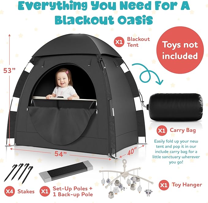 YoungMinds Blackout Baby Crib Tent - Waterproof Sleep Pod Fits for Travel Pack and Play, Milk Silk Fabric, Kids Black Out Cover Mosquito Net Tent with Toy Holder, Pack N Play Canopy Blocks Light