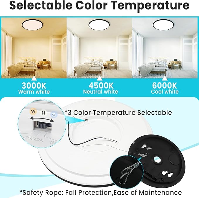 libtit 16.5 Inch Large Black Flush Mount Ceiling Light, 4200LM 36W Low Profile LED Ceiling Lights, Warm to Cool White Surface Mount Light Fixture for Bedroom Kitchen Livingroom