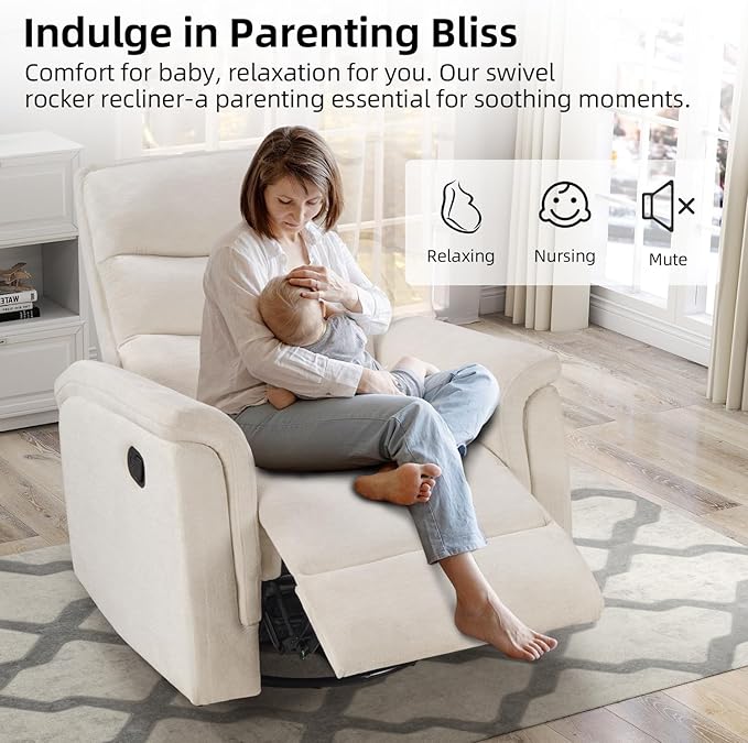 INZOY Swivel Rocker Recliner, Nursery Glider Chair, Manual Chairs Swivel Glider Recliners with Soft Backrest, Fabric Manual Reclining Sofa for Living Room Bedroom Apartment, Beige