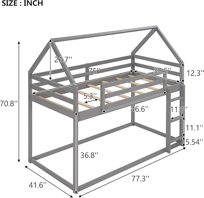 MERITLINE House Shaped Bunk Bed Twin Over Twin Size Wood Bunk Bed Frame Low Bunk Beds for Kids and Toddlers, Twin Size,Grey