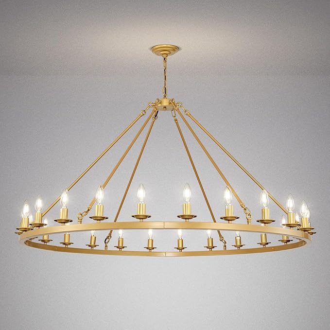 Wagon Wheel Chandelier, 24-Light Gold Large Round Modern Farmhouse Chandelier with Adjustable Height Island Light Fixture for High Ceiling Dining Room, Kitchen, Living Room, Entryways, Foyer