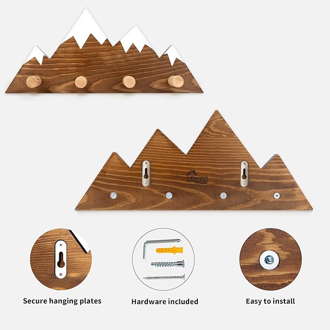 Mountain Wall Hooks - Woodland Nursery Decor - Wall Mount Organizer for Kids Coats & Towels - Ideal Adventure Mountain Decor Baby Shower Gifts - Walnut Finish