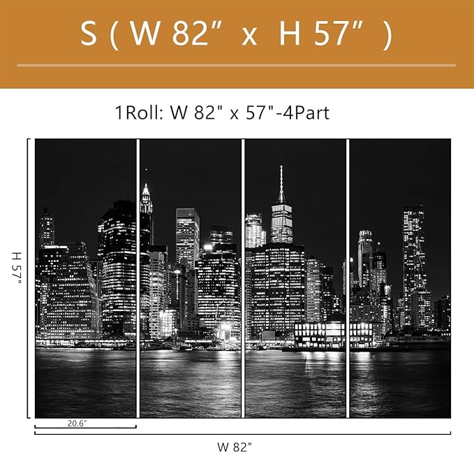Black City Wallpaper Peel and Stick New York Night Scene Self Adhesive Wall Mural for Living Room Bedroom 82"x57"