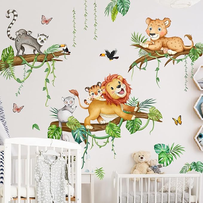 Jungle Animals Wall Decals - Peel & Stick Lion Leopard Climbing Tree Cartoon Wall Stickers for Nursery Kids Bedroom Playroom Classroom Decor
