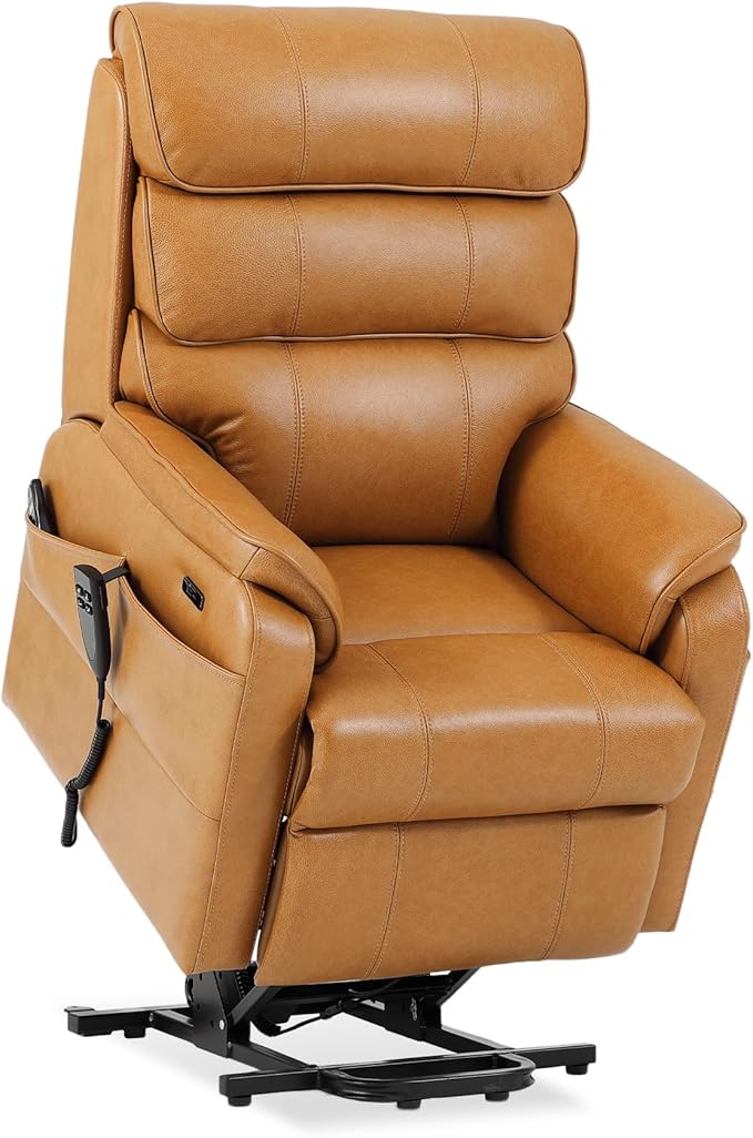 DYNOX 300 LBS Power Lift Recliner Chair for Elderly, Small Size Dual Motor Lay Flat Infinite Positions Recliner with Heat, Massage & USB Charging Port (9188S,Genuine Leather,Camel)