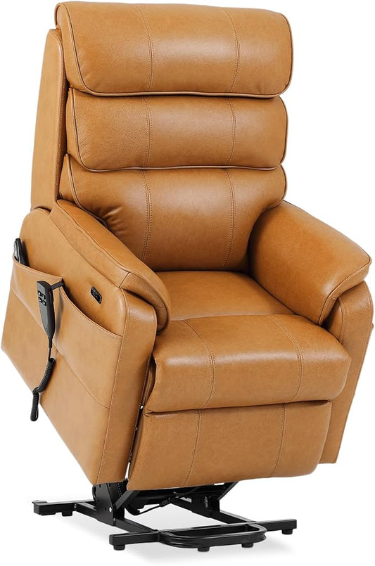 DYNOX 300 LBS Power Lift Recliner Chair for Elderly, Small Size Dual Motor Lay Flat Infinite Positions Recliner with Heat, Massage & USB Charging Port (9188S,Genuine Leather,Camel)