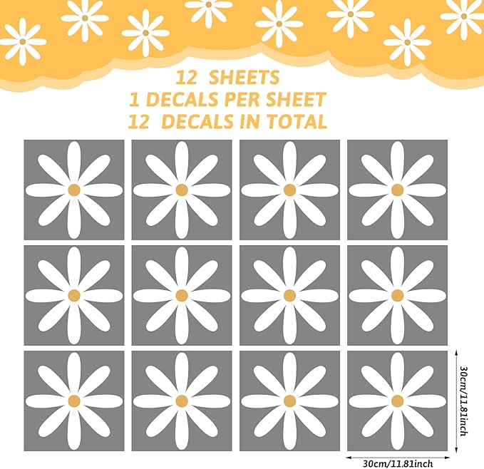 TaoBary 12 Sheets Daisy Wall Decal Flower Wall Sticker Cute Daisy Sticker Pink White Flower Decal Peel and Stick Floral Wallpaper for Nursery Bedroom Home Decor(White, Yellow,Fresh Style)