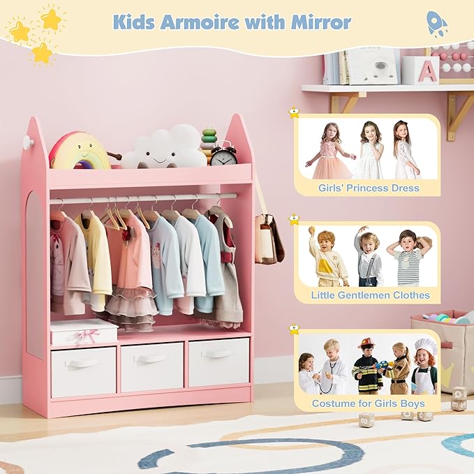 Kids Dress Up Storage Rack Mirror Wood Child Wardrobe 2 Hooks 2 Fabric Bins Toddler Closet Girls Boys Open Hanging Armoire Storage Shelf Coat Costume Hat Shoe (Pink/Rocket/Three Drawers)
