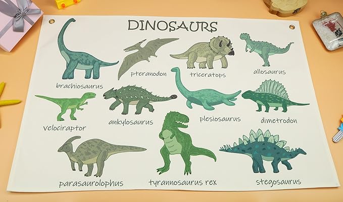 Dinosaurs Themed Rectangular Canvas Banner Flag Wall Sign Art Gift for Nursery Classroom Above Crib Bedroom Playroom Reading Room Wall Decor Baby Shower Kids Teen Birthday Christmas Gift
