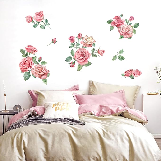 Rose Flowers Wall Decals, Pink Floral Leaves Wall Stickers, Peel and Stick Wall Decor for Bedroom Living Room Sofa TV Background