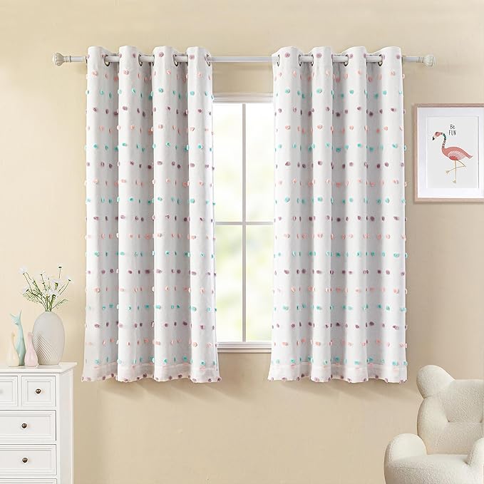 MYSKY HOME Cute Blackout Curtains for Kids Bedroom Nursery Curtains 100% Light Block Doubled Curtains with Rainbow Pom Pom Sheer Window Drapes for Kitchen Room Darkening Grommet Set of 2, 52 x 63 in