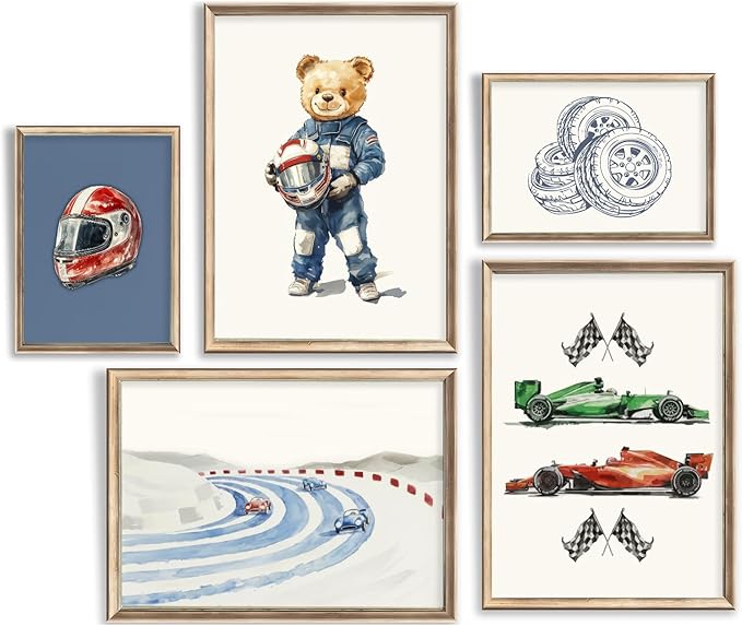 BMFLFWXE Vintage Racing Car Nursery Wall Art Teddy Bear Pictures Wall Decor Boy Navy Blue Vehicle Posters Retro Sport Painting Canvas Print Artwork for Kids Boy Room Playroom, Unframed