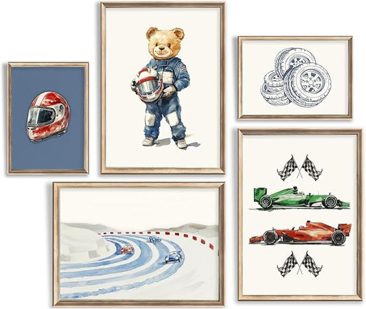 BMFLFWXE Vintage Racing Car Nursery Wall Art Teddy Bear Pictures Wall Decor Boy Navy Blue Vehicle Posters Retro Sport Painting Canvas Print Artwork for Kids Boy Room Playroom, Unframed