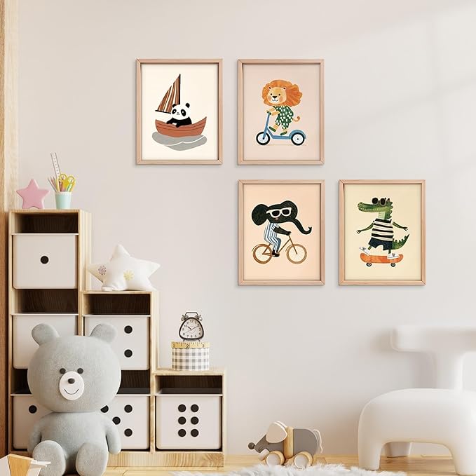 VONTP Kids Animal Nursery Wall Art Decor, Retro Lion Panda Crocodile Elephant Nursery Prints Poster Wall Decorations for Kids Nursery Toddler Room Bedroom Playroom, 8x10 Inch Set of 4 (Unframed)