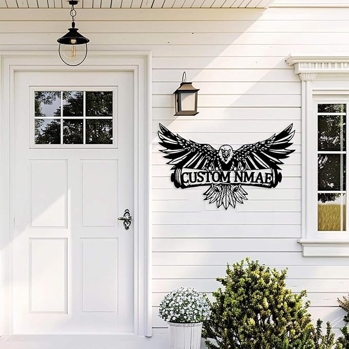 Personalized Eagle Metal Wall Art, Custom Name Sign, 8-24 Inch Black Iron Wall Decor for Indoor Outdoor, Nature-Themed Home Decoration