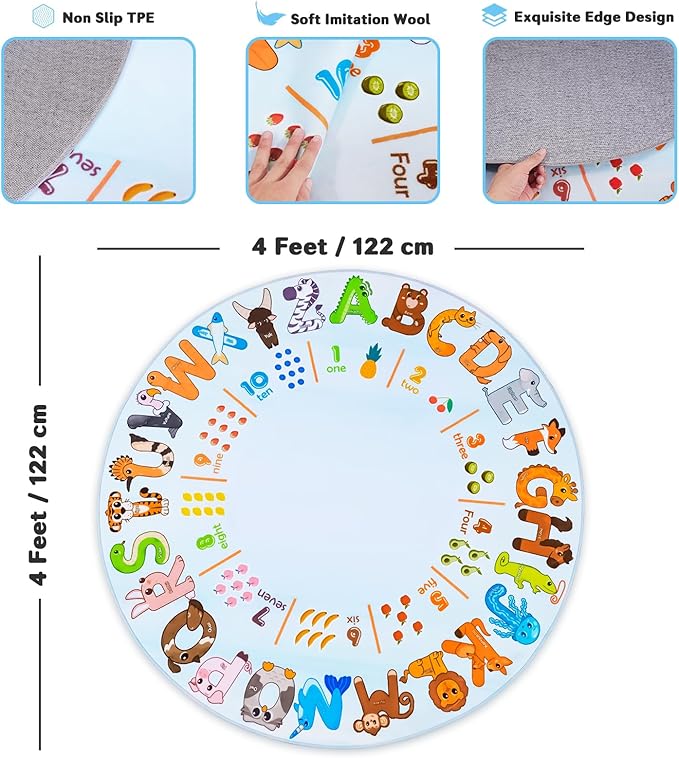 Kids Rugs for Playroom, 4'x4' Round Educational Rug for Learn the ABC Alphabet, Soft Machine Washable Non-Slip Cute Animal Carpet for Classroom Toddler Nursery Kids Room Decor Mat, Light Blue