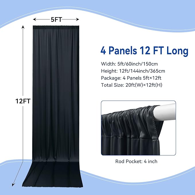 20x12 ft Black Backdrop Curtain, 4 Panels 5x12 ft Long Wrinkle Free Silky Polyester Fabric Wedding Backdrop Drapes Black Photo Back Drop Curtains for Parties Photography Background Cloth