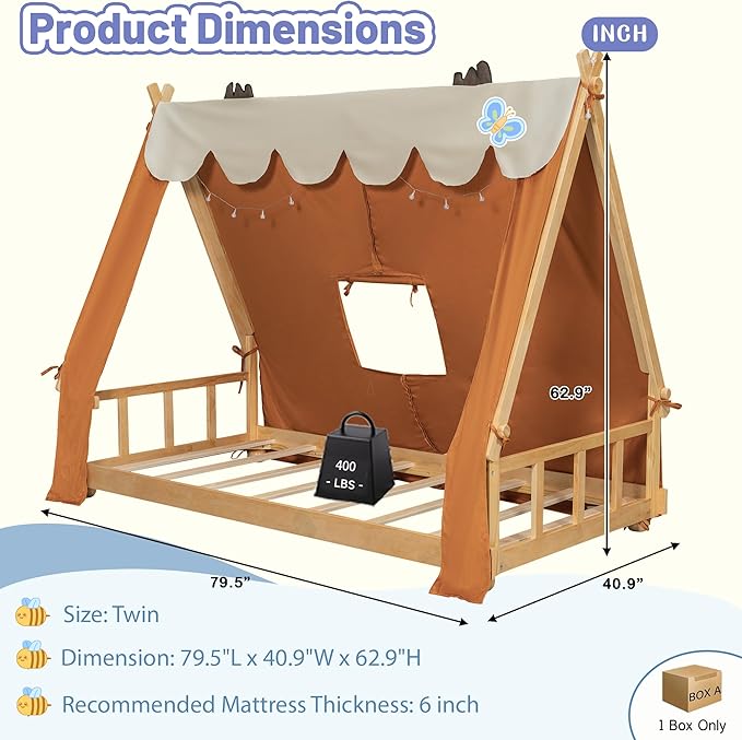 Twin Size Floor Bed with Tent and Light, Wooden Montessori Bed Frame with Roof Design, Low Profile Beds for Kids, Boys and Girls, Brown