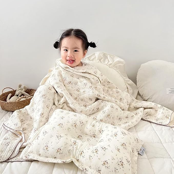 BuLuTu Muslin Toddler Blanket for Crib Toddler Bed Blanket Soft Breathable Swaddle Blankets for Girls Boys, Baby Quilt Summer Blankets with Reversible Crape Floral Pattern, 47"x51"