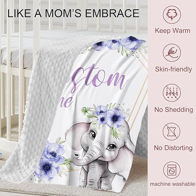 Personalized Crib Bedding Set for Boys Girls, Custom Baby Crib Sets with Name, Purple Flower Elephant Design Nursery Bedding 2 Piece - Soft Blanket with Double Layer Dotted Backing, Crib Fitted Sheet