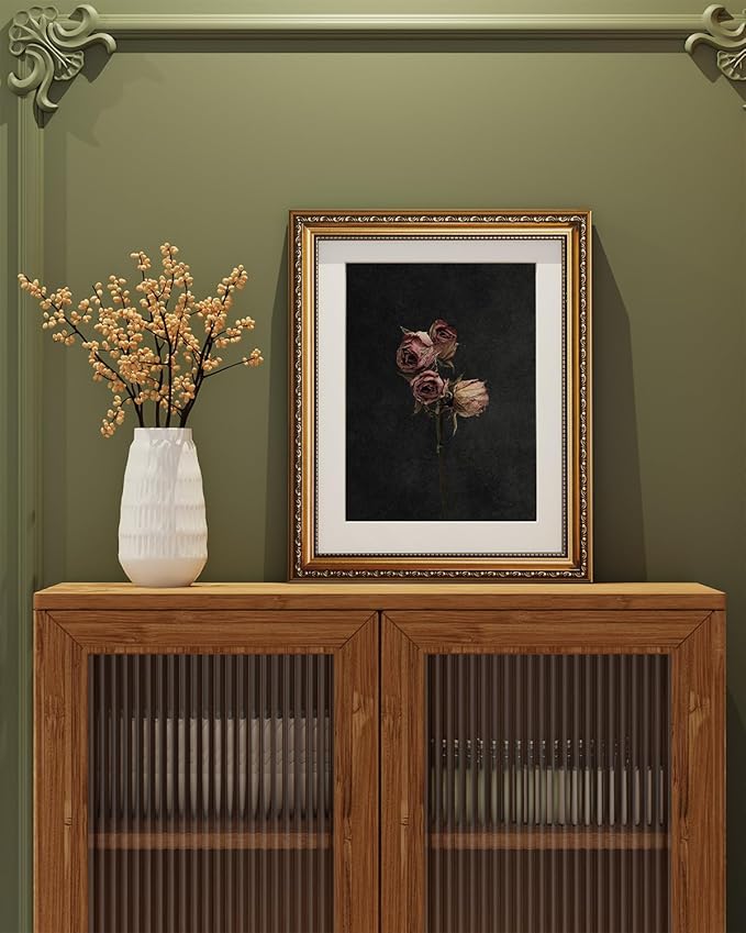 ARPEOTCY Vintage Gold Framed Wall Art, Retro Dark Dried Rose Paintings, Floral Canvas Prints Artwork with Antique Frame, Victorian Wall Picture Decor for Room Gallery Living Room 13x16 inch