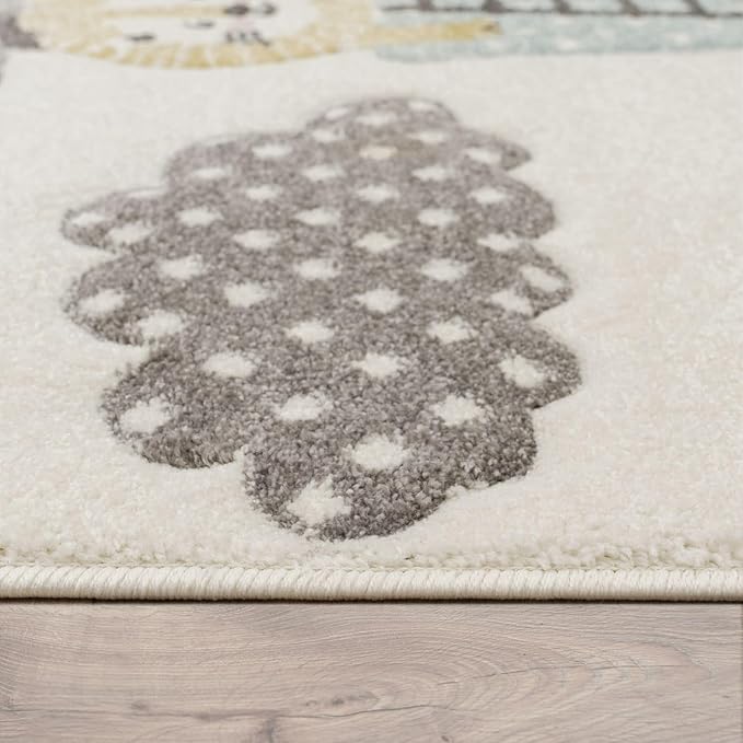 Paco Home Kids Rug Cute Animals on a Hot Air Balloon Ride in White Grey Blue, Size: 4'4" Square