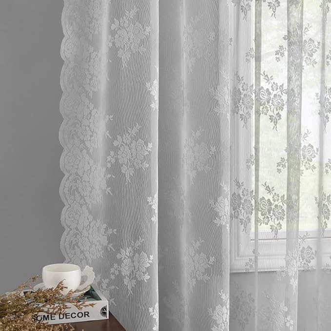 Kotile Grey Lace Curtains 54 Inch Length - Country Rustic Floral Knitted Sheer Curtains for Small Windows, Scalloped Edge Privacy Vintage Lace Curtain Panels, 52 x 54 Inch, 2 Pieces, Grey