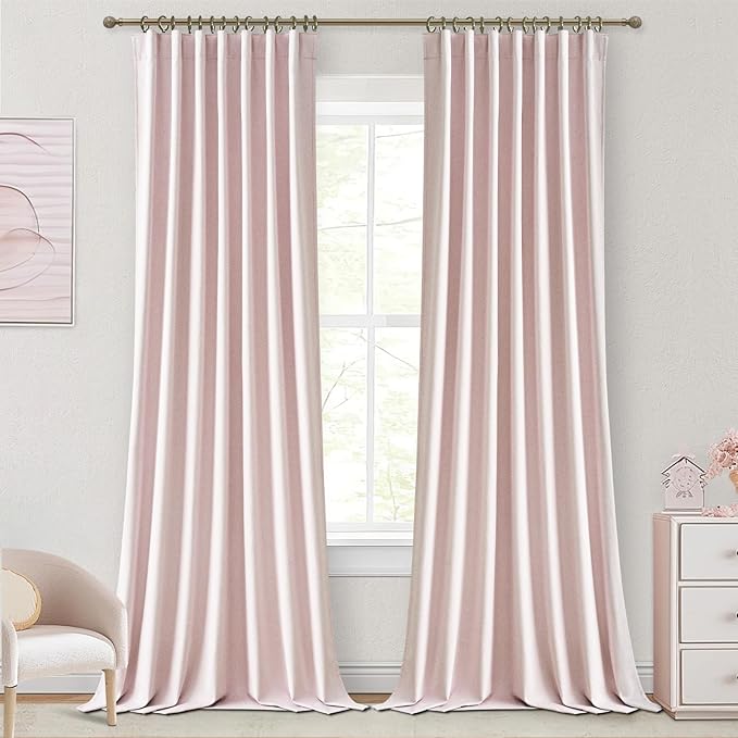 Light Pink Curtains for Girls Room, Cute Blackout Bedroom Curtains Aesthetic 84 Inch Length 2 Panels Set Flax Linen Thermal Drapes Insulated&Soundproof Back Tab/Hook Belt Preppy (50"W x 84"L)