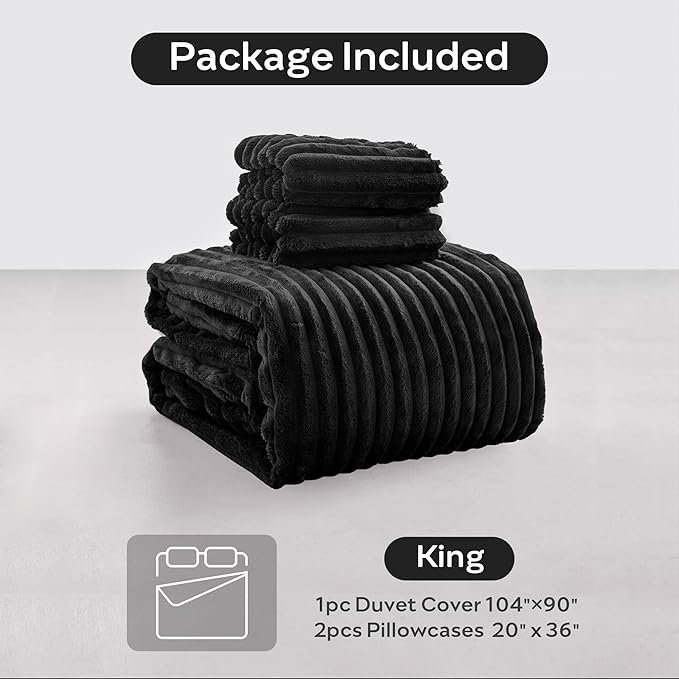 JELLYMONI Plush Duvet Cover Set - King Size Black Striped Fluffy Comforter Cover 3pcs Bedding Set Luxury Ultra Soft Faux Fur Duvet Cover with Zipper and 2 Pillowcases (NO Comforter)