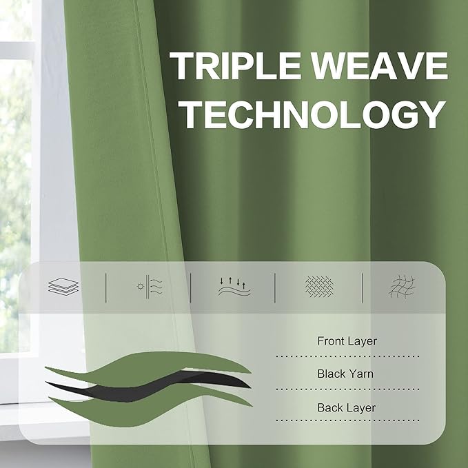 DUALIFE Green Curtains 102 Inches Long 2 Panels - Blackout Thermal Insulated Sage Panels Window Drapes for Living Room Back Tab and Rod Pocket