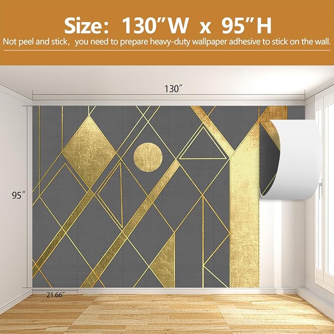 Geometric Mural Wallpaper Gray and Gold Wall Murals for Living Room or Office Decor（Not Peel and Stick）