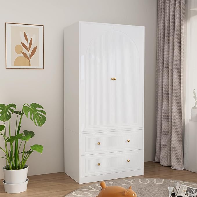 71" White Wardrobe Closet with 2 Door & 2 Drawers, Tall Armoire with Hanging Rod, Freestanding Large Capacity Clothing Wardrobe Cabinet w/Gold Handles for Bedroom