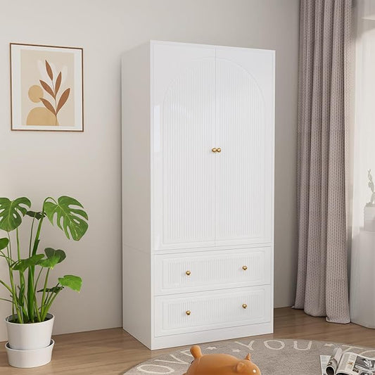 71" White Wardrobe Closet with 2 Door & 2 Drawers, Tall Armoire with Hanging Rod, Freestanding Large Capacity Clothing Wardrobe Cabinet w/Gold Handles for Bedroom