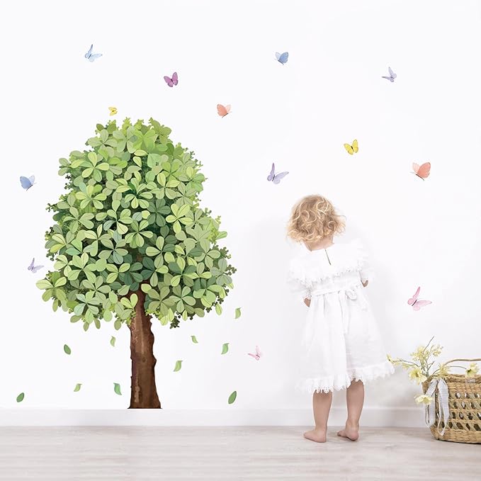 Runtoo Large Green Tree Wall Decal Plant Butterfly Wall Stickers for Living Room Bedroom Classroom Kids Nursery Wall Decor