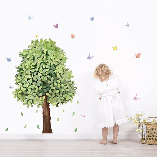 Runtoo Large Green Tree Wall Decal Plant Butterfly Wall Stickers for Living Room Bedroom Classroom Kids Nursery Wall Decor