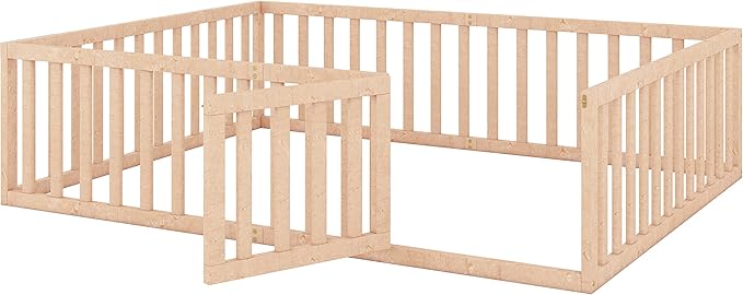 Merax Queen Floor Bed with Safety Guardrails and Door, Wood Montessori Floor Bed Frame for Kids, Queen Playhouse Bed Frame for Baby Girls and Boys, Natural